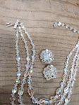 Vtg Faceted Glass Multi Strand 16+ Inch Necklace and Clip On Earring Set w/Box