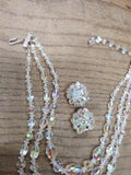 Vtg Faceted Glass Multi Strand 16+ Inch Necklace and Clip On Earring Set w/Box