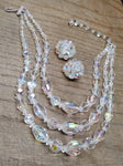 Vtg Faceted Glass Multi Strand 16+ Inch Necklace and Clip On Earring Set w/Box