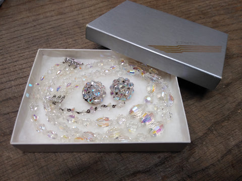Vtg Faceted Glass Multi Strand 16+ Inch Necklace and Clip On Earring Set w/Box