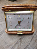 Vtg FLORN 910 Wind Up 7 Jewel Travel Alarm Clock Pigskin Working Orig Box German
