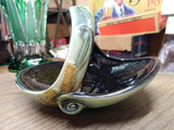 Vtg Unmarked McCoy Holland? Pottery Green Black Glazed Basket Candy Dish Planter
