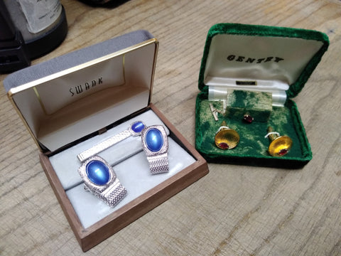 Vtg 2 Pc Set Cufflink Tie Clip Lot Swank Moon Stone Gentry Garnet Original Boxes