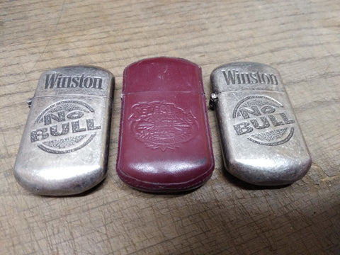 Vtg 3 Pc Cigarette Lighter Lot Winston NO BULL and Leather Cover Select Trading
