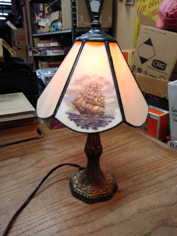 Vtg Mini Brass Lamp Slag Glass Sailing Ship Lamp Shade 11" Tall 84" Cord Works!