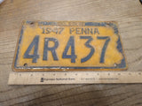 Vtg 1947 Pennsylvania 4R437 License Plate Man Cave Rat Rod