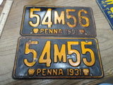 Vtg Pair of 1931 Pennsylvania 54M55 54M56 License Plates Man Cave Rat Rod