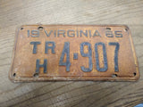 Vtg 1965 Virginia TRH 4 907 License Plate Man Cave Rat Rod