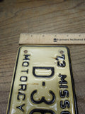 Vtg 1973 Missouri D 36 Motorcycle License Plate Man Cave Rat Bike