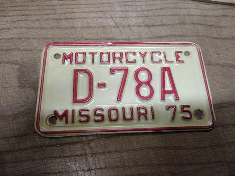 Vtg 1975 Missouri D 78A Motorcycle License Plate Man Cave Rat Bike Minty!