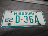 Vtg 1962 Missouri D 36A Motorcycle License Plate Man Cave Rat Bike