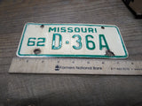 Vtg 1962 Missouri D 36A Motorcycle License Plate Man Cave Rat Bike