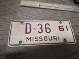 Vtg 1961 Missouri D 36 Motorcycle License Plate Man Cave Rat Bike