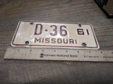 Vtg 1961 Missouri D 36 Motorcycle License Plate Man Cave Rat Bike