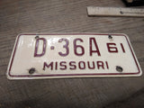 Vtg 1961 Missouri D 36A Motorcycle License Plate Man Cave Rat Bike