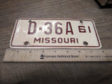 Vtg 1961 Missouri D 36A Motorcycle License Plate Man Cave Rat Bike