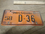 Vtg 1958 Missouri D 36 Motorcycle License Plate Man Cave Rat Bike