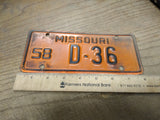 Vtg 1958 Missouri D 36 Motorcycle License Plate Man Cave Rat Bike