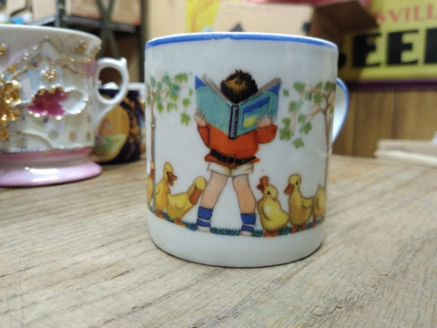 Vtg Baby Ducks Little Boy Reading Book Porcelain Childs Juice Tea Cup Germany!