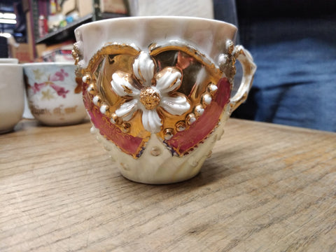 Vtg Fancy Dogwood Flower Lusterware Gold Pink White Coffee Tea Cup Germany Nice!