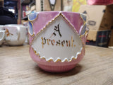 Vtg Fancy Embossed A Present 3-D Lusterware Pink Coffee Tea Cup Germany Nice!