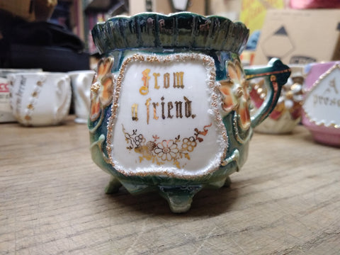 Vtg From A Friend Fancy Lusterware Green Gold White Coffee Tea Cup Germany Nice!