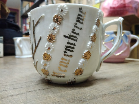 Vtg Fancy Remember Me Lusterware Gold White Coffee Tea Cup Germany Nice!