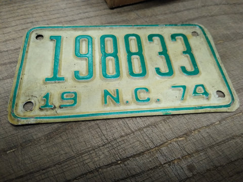 Vtg 1974 NC North Carolina 198833 Motorcycle License Plate Man Cave Rat Bike