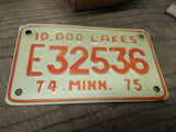 Vtg 1974 75 Minnesota E32536 Motorcycle License Plate Man Cave Rat Bike