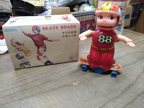 Vtg LK Mechanical Wind Up Skate Board Rider Original Box needs key Works Great!