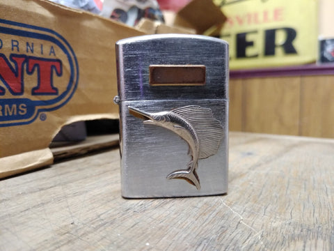 Vtg Carrib Sailfish Cigarette Lighter Brushed Chrome Japan Nice Snap Nice Shape!