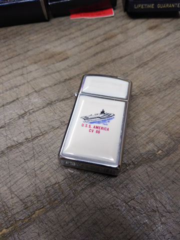 Vtg 1984 Zippo Slim Cigarette Lighter United States Ship America CV 66 Navy USS