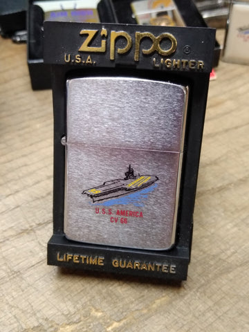 Vtg 1989 Zippo Brushed Chrome Cigarette Lighter U.S.S. America CV 66 Nice Snap!