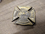 Vtg Firefighters Shield and Helmet Brass Belt Buckle Great Shape!