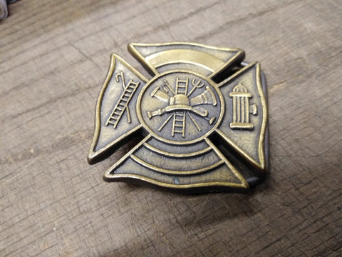 Vtg Firefighters Shield and Helmet Brass Belt Buckle Great Shape!