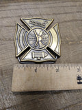 Vtg Firefighters Shield and Helmet Brass Belt Buckle Great Shape!