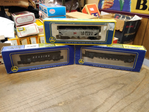 Vtg AHM HO Train 3 Pc Hopper Gondola Car Lot Lehigh Valley Reading AT&SF w/Boxes