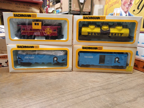 Vtg Bachmann HO 4 Pc Train Car Lot Penn Salt Santa Fe The Rock with Boxes