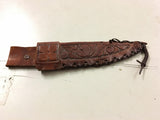 unique fixed blade knife custom w / brown leather sheath metal carved head & hat