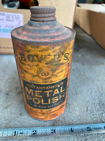 Boyers Metal Polish Cone Top Metal can Vtg Adverting Nice graphics Auto Gas Oil