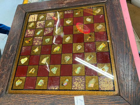 Antique Original Reverse Painted Glass Chess Checker board Metal Flake Pearl Gam