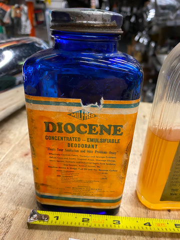 Vtg Glass Bottle Deodorant Biocene Milford Co Concentrate Oil Can collectible