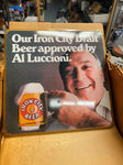 Vtg NOS al luccioni iron city Beer Tin Sign 9x9 New Kensington Pgh Pa 1970's New
