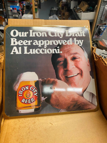 Vtg NOS al luccioni iron city Beer Tin Sign 9x9 New Kensington Pgh Pa 1970's New