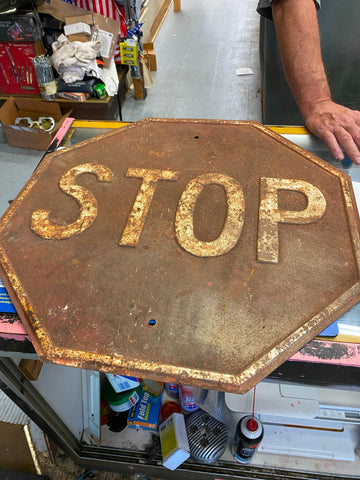 Vtg Embossed Stop Sign Heavy Steel Traffic Oil Gas Service station garage Man Ca