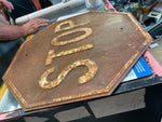 Vtg Embossed Stop Sign Heavy Steel Traffic Oil Gas Service station garage Man Ca