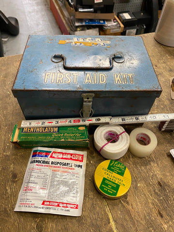 Vtg MSA Mine Safety First Aid Kit Metal Box Full Snake Bike bandages Collectible
