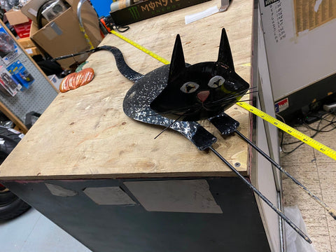 Vtg Halloween Decoration Black Cat Pumpkin Bobble Head Tin Metal 35" Holiday Dec