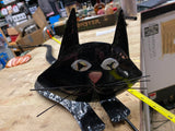 Vtg Halloween Decoration Black Cat Pumpkin Bobble Head Tin Metal 35" Holiday Dec