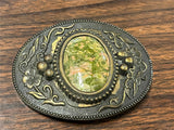 VTG solid Brass Epidite Gemstone Centered Western Cowboy Belt Buckle